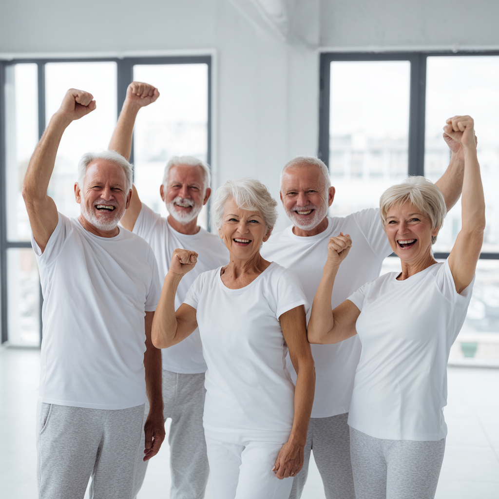 Group of middle-aged adults celebrating fitness achievements together