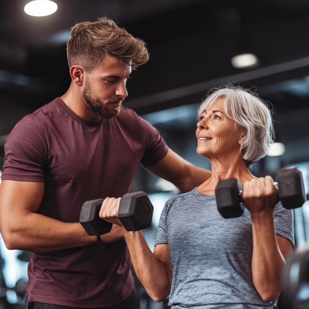 Professional fitness coach helping middle-aged person with strength training exercises